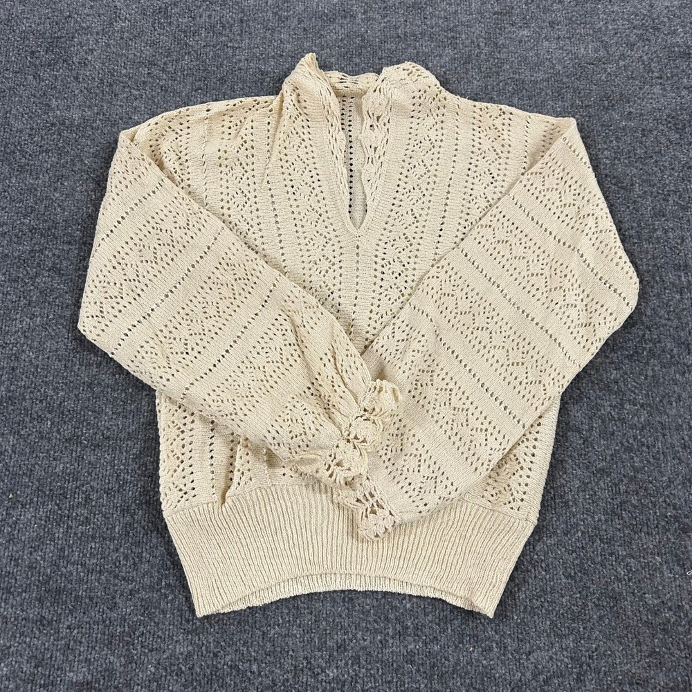 Vintage Crochet Sweater Womens Size M Cream Beige Pointelle Knit Ruffle Boho